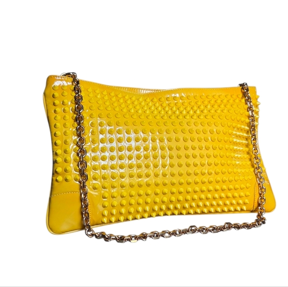 Christian Louboutin Loubiposh Yellow Spiked Clutch Patent Leather Bag Purse - Picture 2 of 16